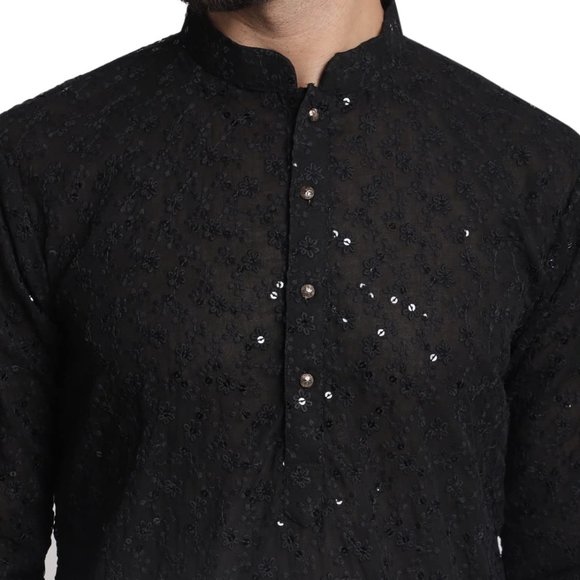 Men Chikankari Georgette Black Kurta Full Sleeve Knee Length Kurta - Picture 5 of 6